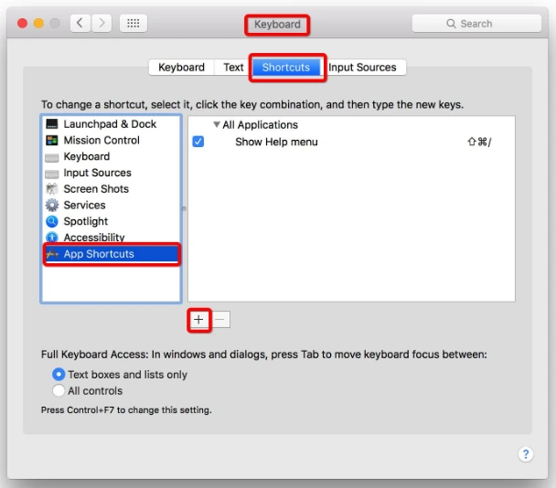 macOS Keyboard Shortcuts settings allow customization of system commands.